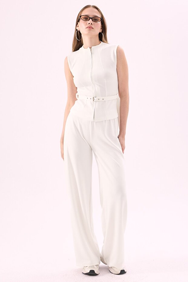 Crep Women's Thin Diving Fabric Zippered Belted Vest and Wide-Legged Trousers Two-Piece Set Ecru