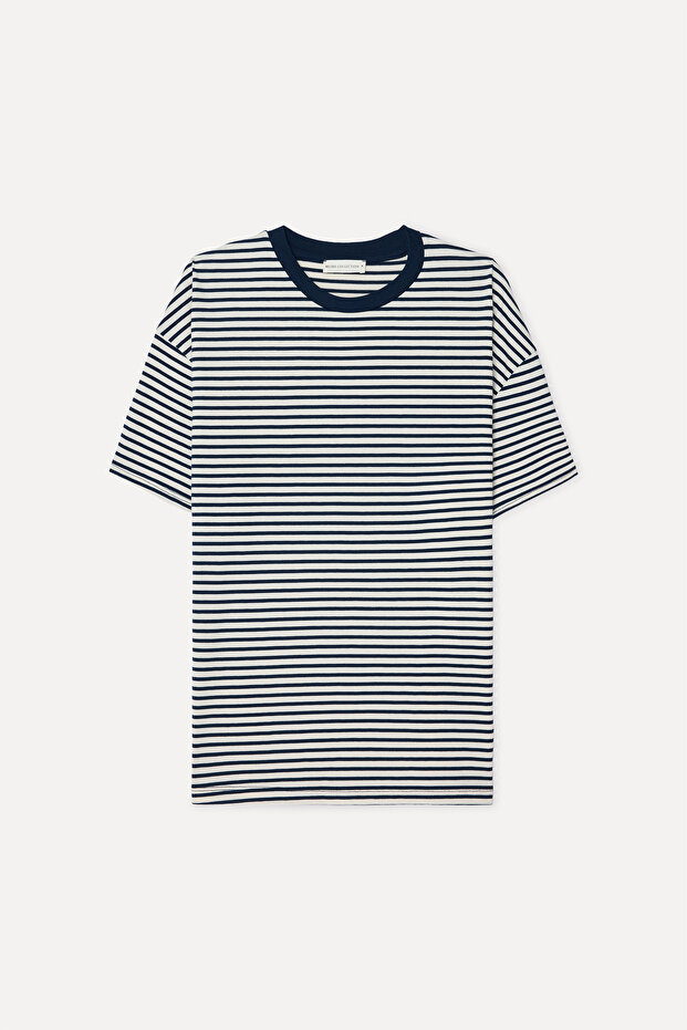 Women's Navy Blue Striped Oversize Crew Neck T-Shirt