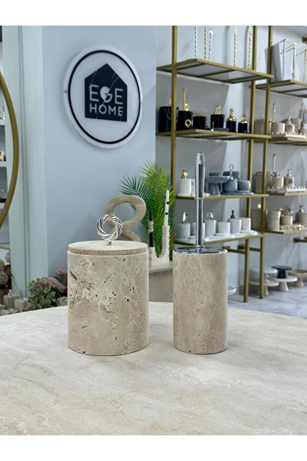 Decorative Natural Travertine Marble Trash Can / Brushed Silver Bathroom Set