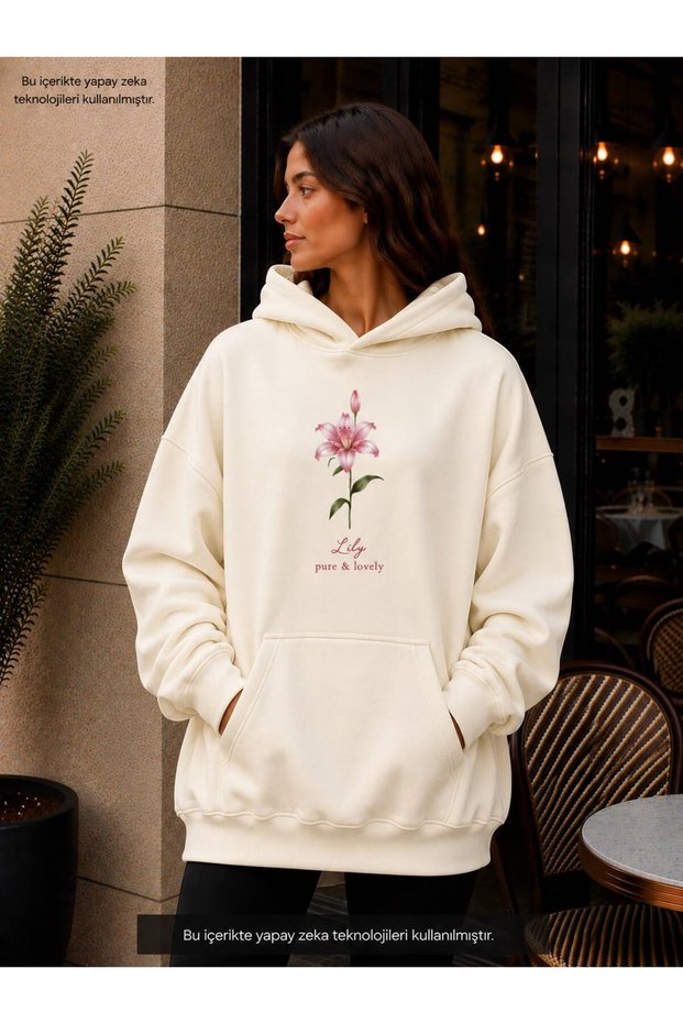 Women's Lily Flower Printed Hooded Kangaroo Pocket Cotton Casual Sweatshirt