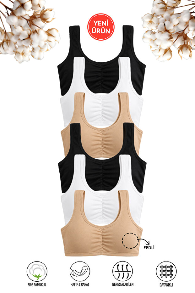 Özkan 43726 6-Pack Girls' 95% Cotton Lycra Single Jersey Training Bra with Removable Pads Ka