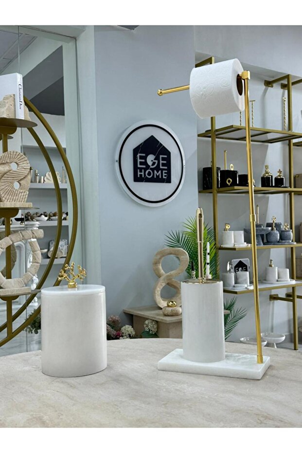 Decorative White Natural Marble Trash Can/ Toilet Brush Wc Towel Holder