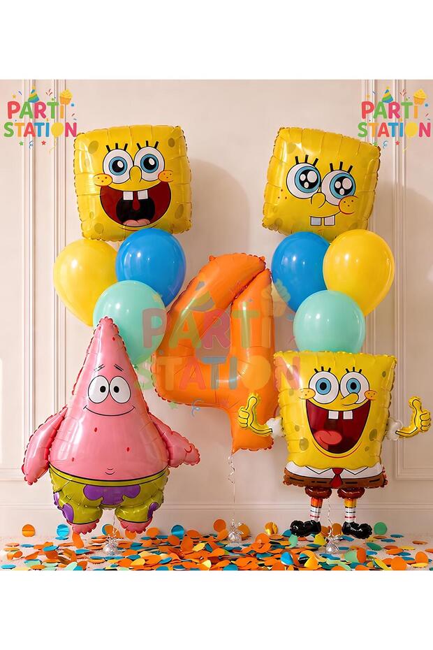 Spongebob & Patrick Concept Balloon Set 4 Years Old - 11 Piece Orange Number Balloon Spongebob Themed Birthday Set