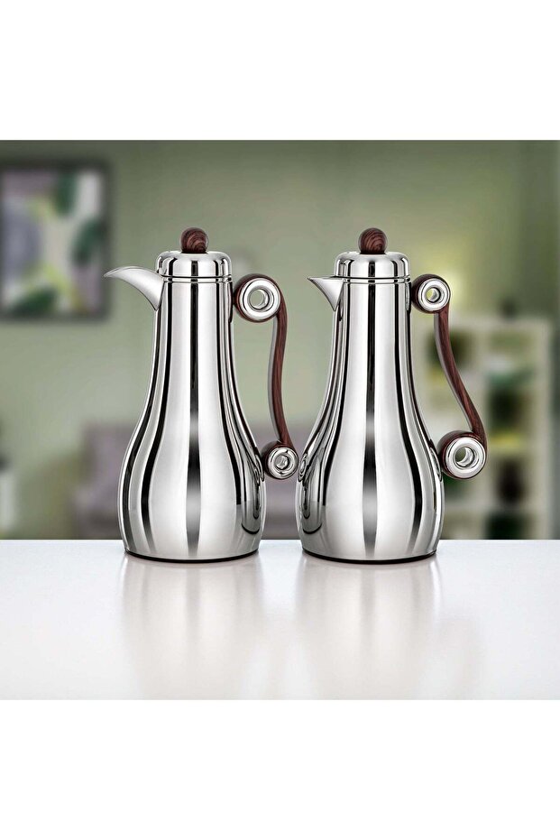 2 Pieces Vacuum Flask Set, Silver & Dark Wood
