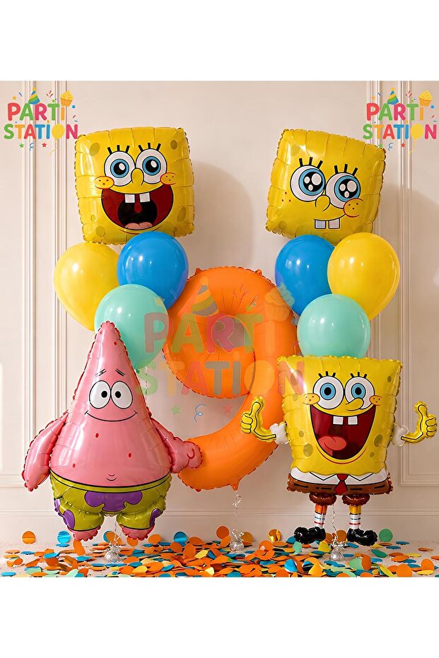 Spongebob & Patrick Concept Balloon Set 9 Years Old - 11 Pieces Orange Number Balloon Spongebob Themed Birthday Set