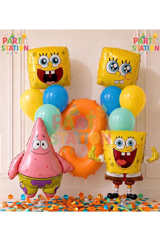 Spongebob & Patrick Concept Balloon Set 3 Years Old - 11 Piece Orange Number Balloon Spongebob Themed Birthday Set