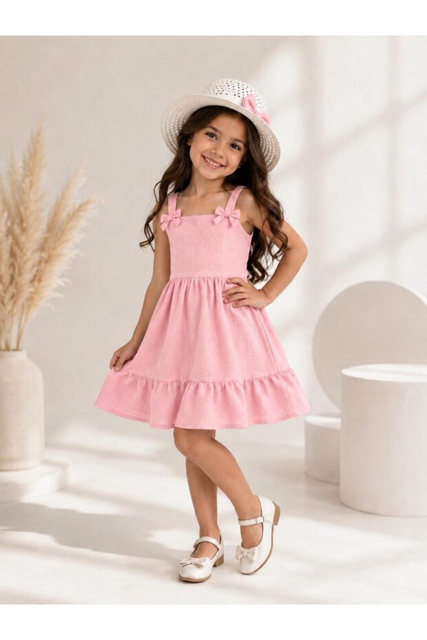 Girl's Wrinkled Fabric Bow Strap Hat Dress