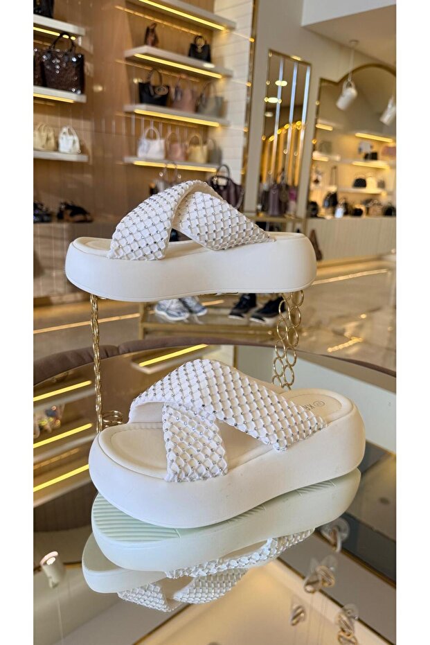 Imported women's fishnet embellished platform slippers 2024-00