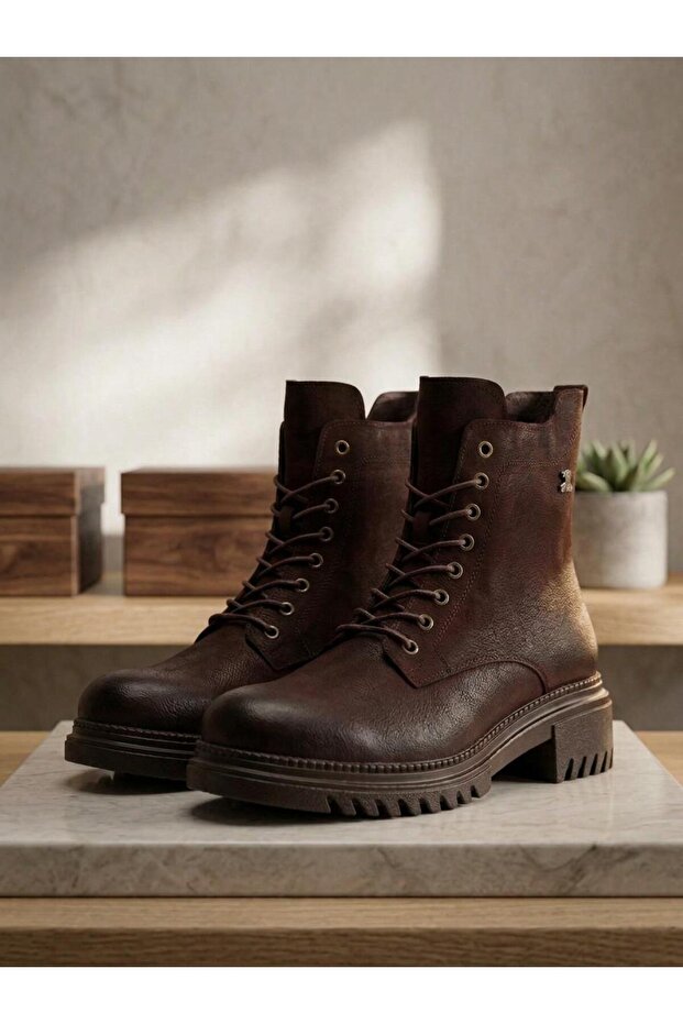 1950865K Women's Genuine Leather Lace-Up Zippered Thick Sole Boots