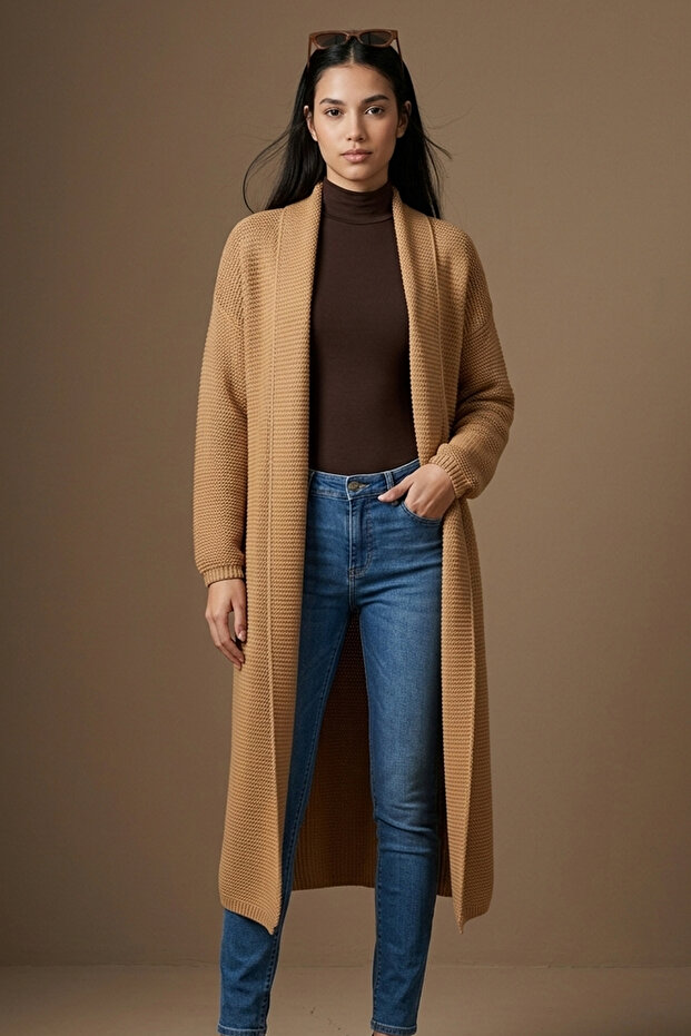 Zarc Soft Textured Comfortable Fit Low Long Sleeve Knitwear Women's Cardigan & Jacket & Hijab Cardigan - Camel