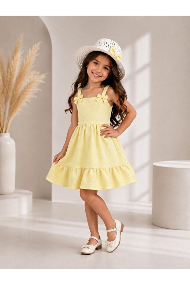 Girl's Wrinkled Fabric Bow Strap Hat Dress