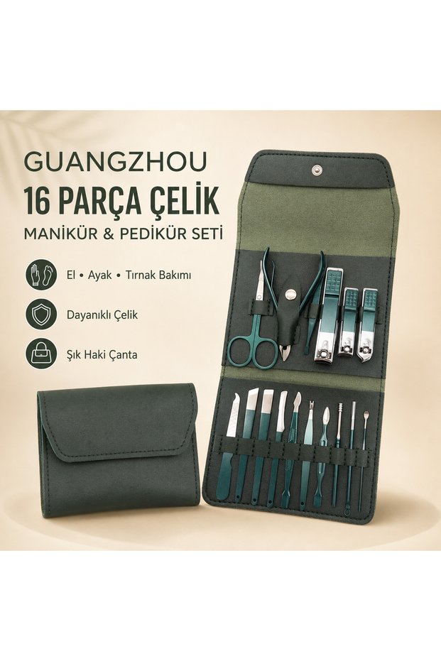 Guangzhou 16-Piece Steel Manicure and Pedicure Set – Professional Hand, Foot, and Nail Care Tools Color: Khaki