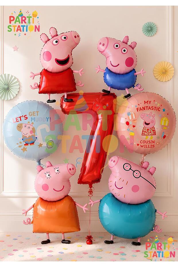 Peppa Pig & George Themed 7-Piece Foil Balloon Set for 7 Years Old - Peppa Pig & George Pig & Mommy Pig & Daddy Pig Balloon Set