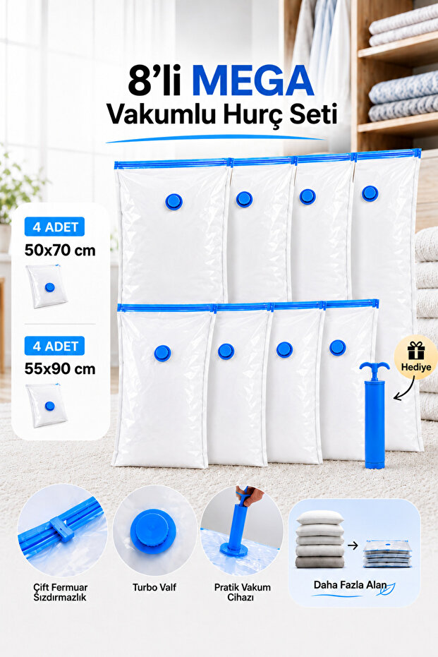 8-Piece Vacuum Storage Bag Set, 2 Different Sizes, Large Size Clothing and Quilt Storage Bags (Pump as a Gift)