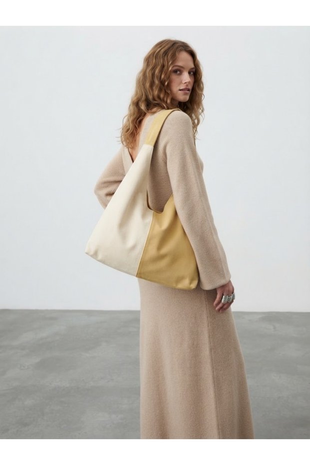 Mustard Beige Fabric Tote Bag - Waterproof Fabric - Women's Hand and Shoulder Bag