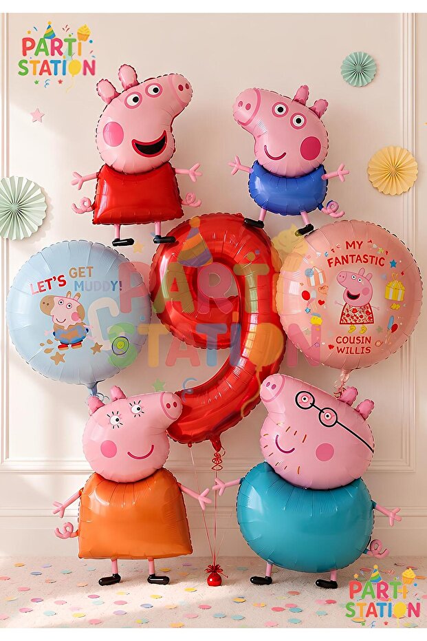 Peppa Pig & George Themed 9 Years Old - 7 Piece Foil Balloon Set Peppa Pig & George Pig & Mommy Pig & Daddy Pig Balloon Set