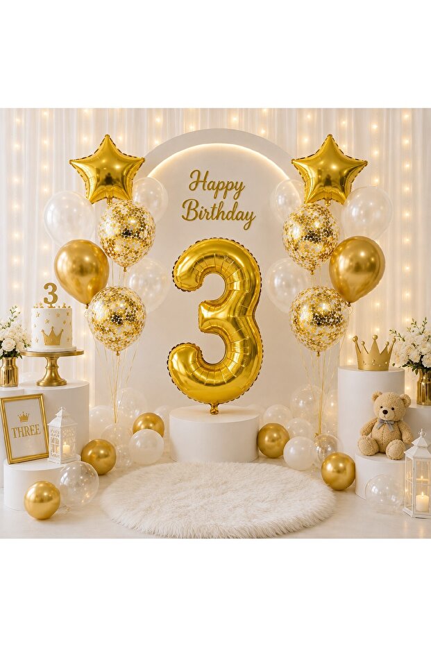 1-9 Years Old Birthday Balloon Set – Gold White Premium Number Foil Balloon, Star and Confetti Balloon Set Transparent Balloon Set Birthday Party Set