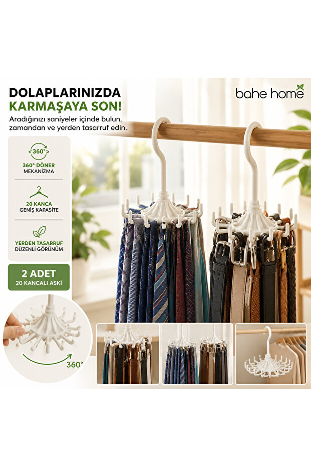 2-Pack of 20 Hooks 360 ° Rotating Jewelry and Accessory Hanger Necklace Tie Belt Scarf Organizer