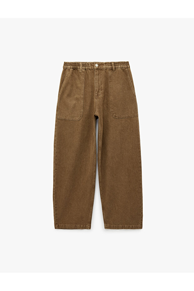Normal Waist Cotton Comfortable Fit Pocketed Baggy Jean Trousers