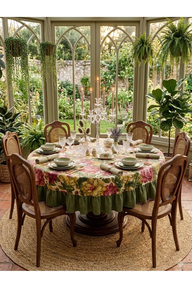 Floral Khaki Ruffled Round Tablecloth - Liquid Repellent Feature