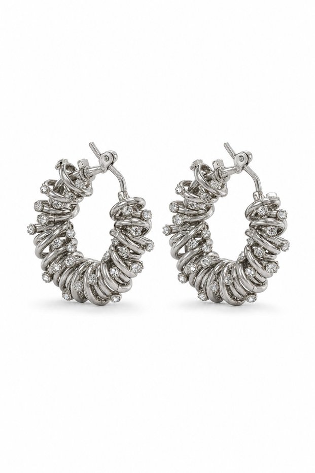 Zircon Stone Detailed Spiral Design Gray Color Steel Hoop Earrings