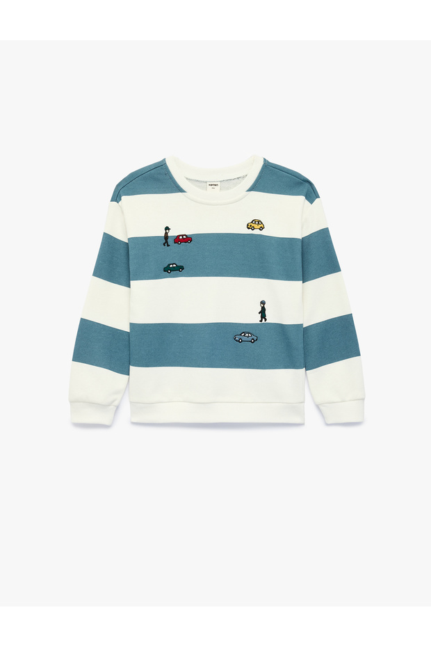 Crew Neck Long Sleeve Embroidered Striped Oversize Sweatshirt