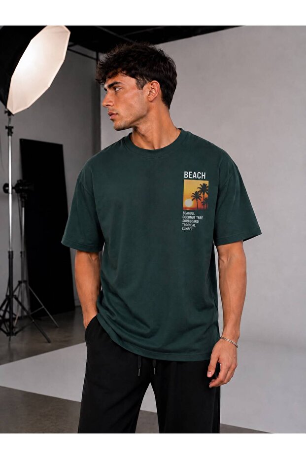 Green Crew Neck Oversize Fit Cotton Beach Printed Relaxed Cut Unisex T-Shirt