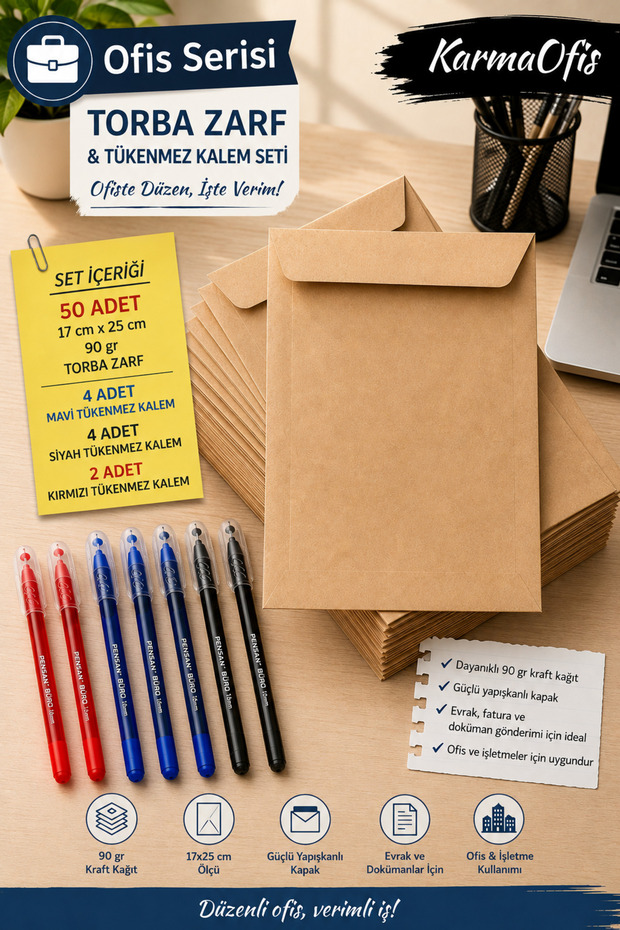 17X25 cm 90 Gr Kraft Bag Envelope 50 Pieces | 10 Pcs Ballpoint Pens | Office Set Options