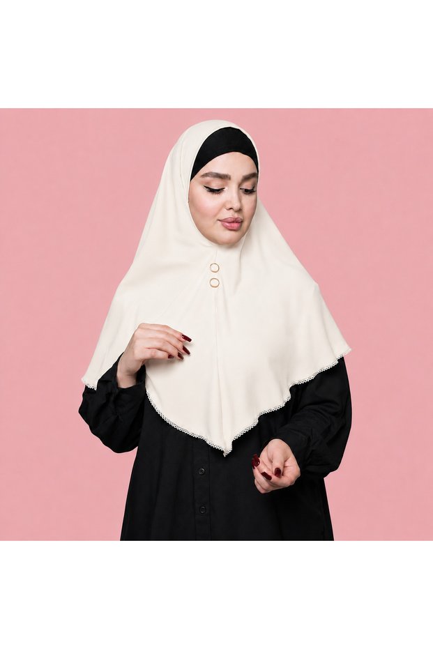 Ladies Plain Silk Hijab – Elegant Solid Color Modest Headscarf with Decorative Button Detail & Lace Trim