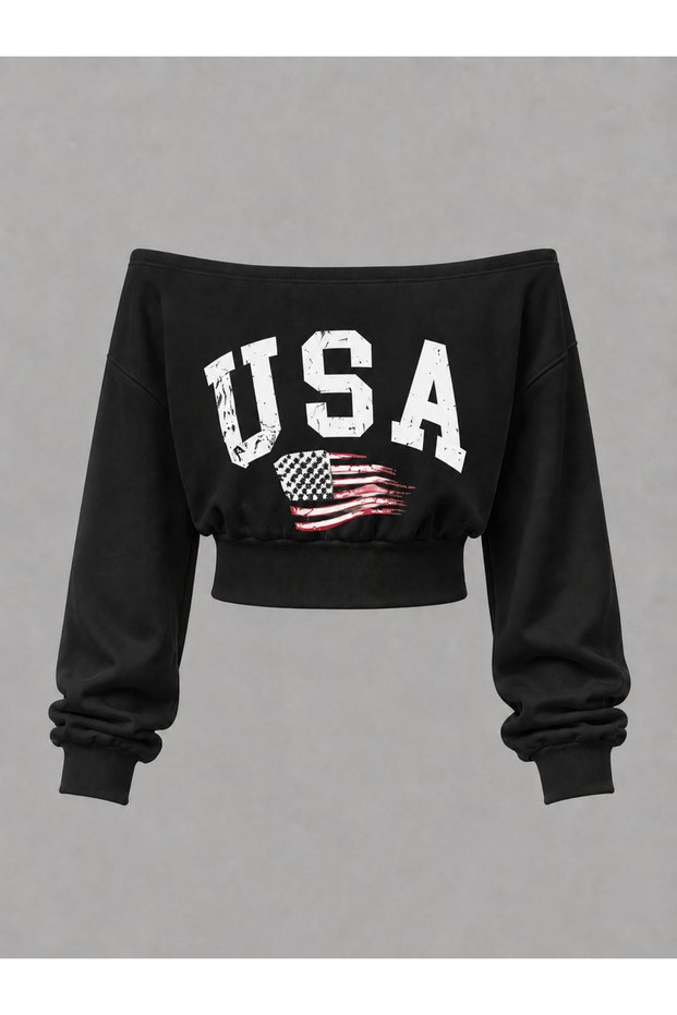 Women's Black U.S.A Printed Boat Neck 100% Cotton Ribbed Oversize Crop Sweatshirt