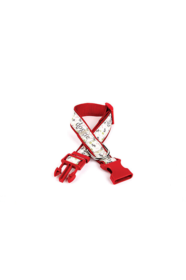 Dog and Paw Patterned Woven Dog Collar 3 cm X 36-60 cm Red