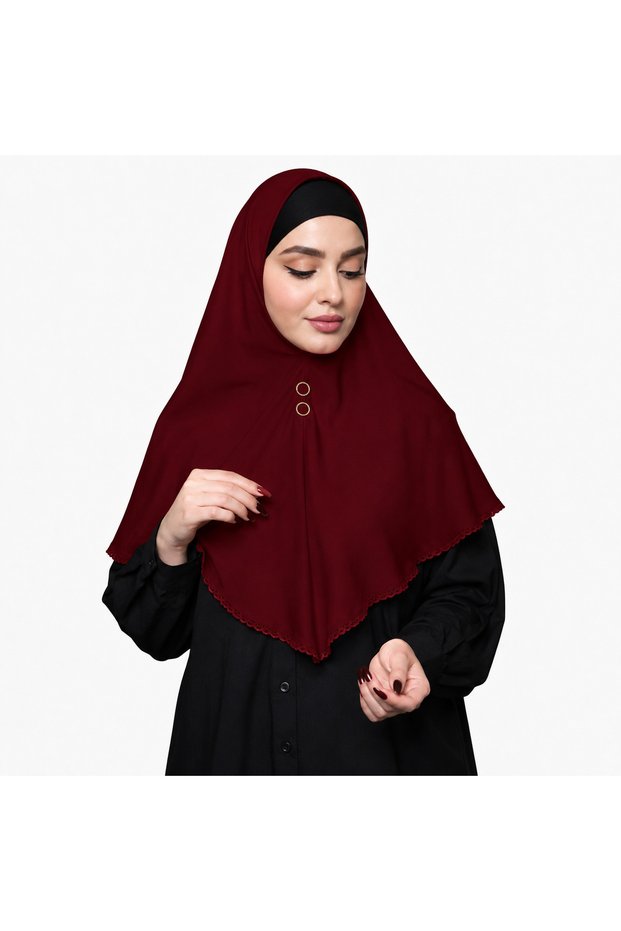 Ladies Plain Silk Hijab – Elegant Solid Color Modest Headscarf with Decorative Button Detail & Lace Trim