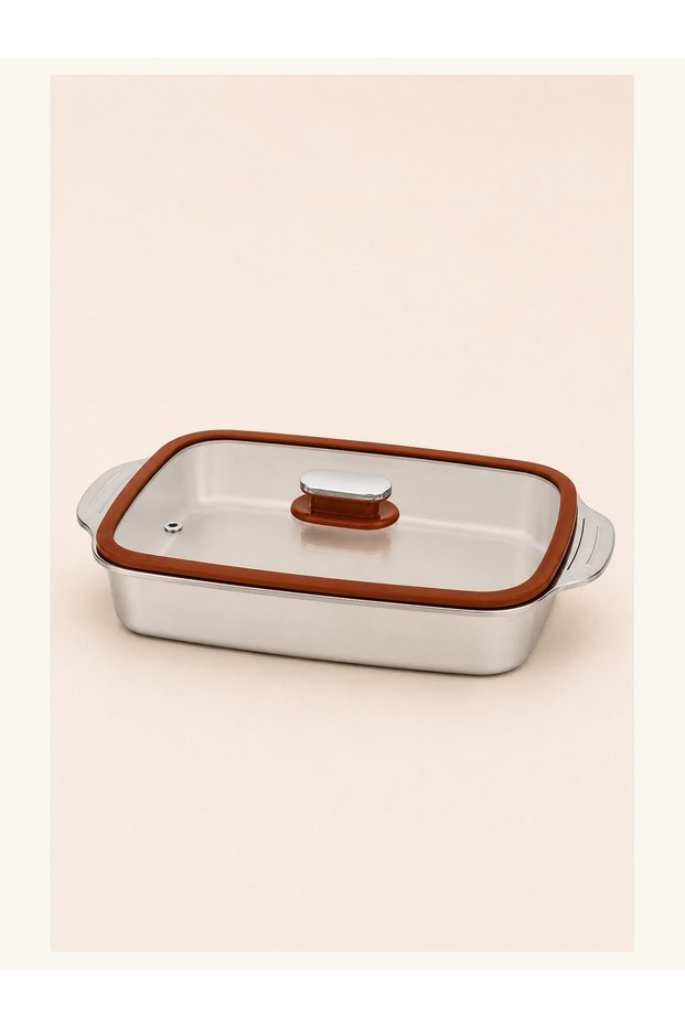 Steel Baking Tray with Glass Lid 33X19 cm Rectangular Baking Container with Glass Lid Serving Tray