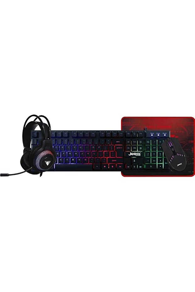 مجموعة ألعاب سلكية 4 في 1 من جيدول، تشمل لوحة مفاتيح RGB، ماوس، سماعة رأس مع ميكروفون، وسادة ماوس