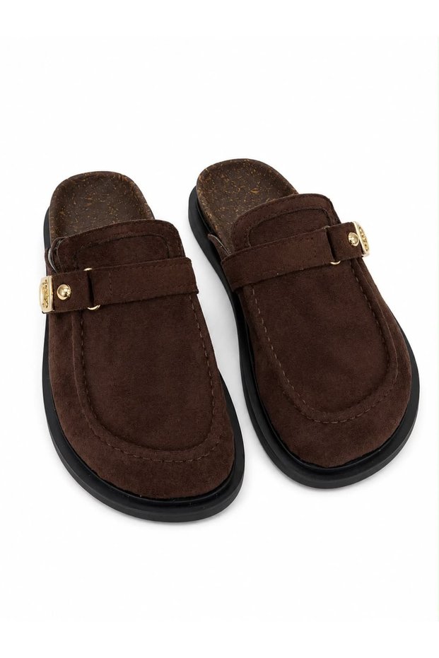 Women's Brown Suede Buckle-Strapped Sabo Slippers Daily Home and Outdoor Slippers Aritse