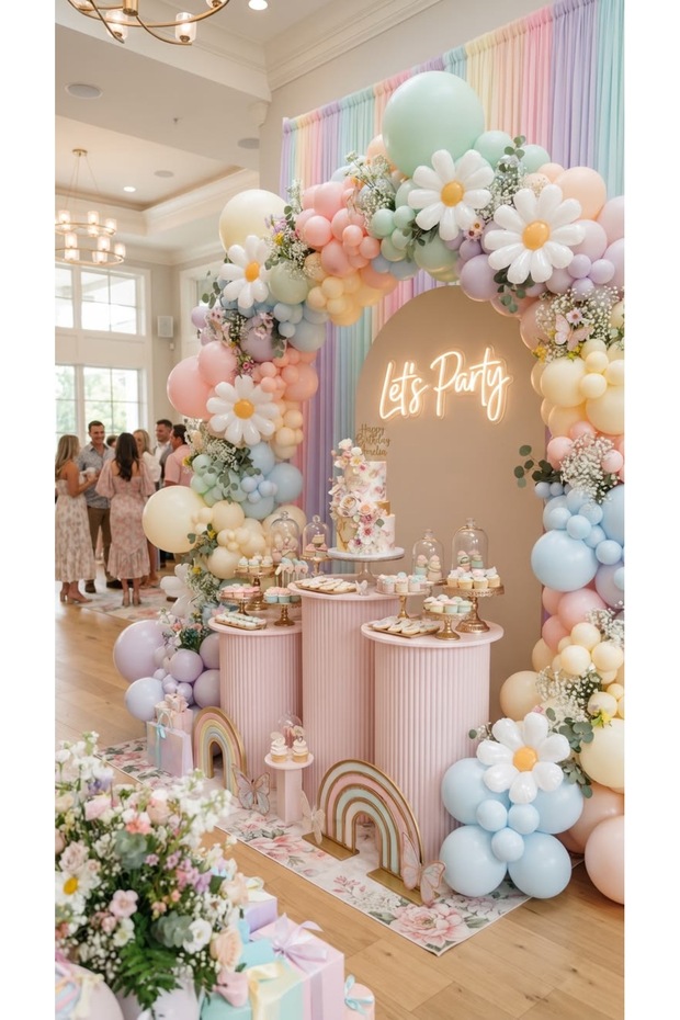 Luxury Macaron Themed Birthday Celebration Balloon Set | 50 Pieces Concept Compatible Soft Color Balloons + Balloon Chain + Balloon Tape + Balloon Inflator Pump Unicorn Set
