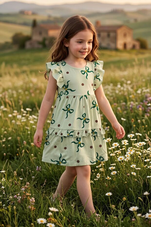 Ribbon Patterned Light Green Ruffle Sleeve Girls' Dress