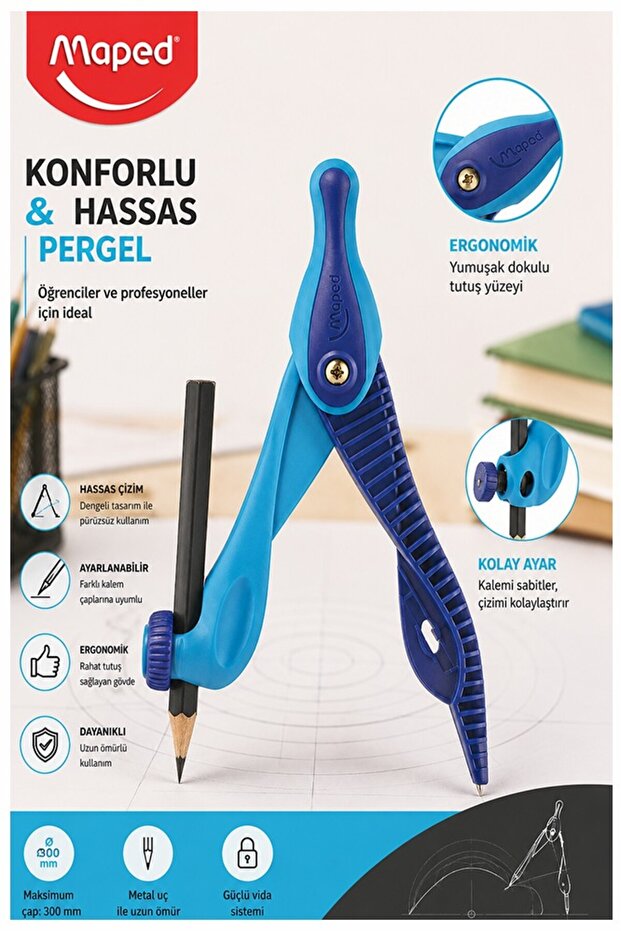 Blue Plastic Compass with Pencil 1 Piece Maped Kidz 191611 Compass Mathematics Geometry Architecture Project t