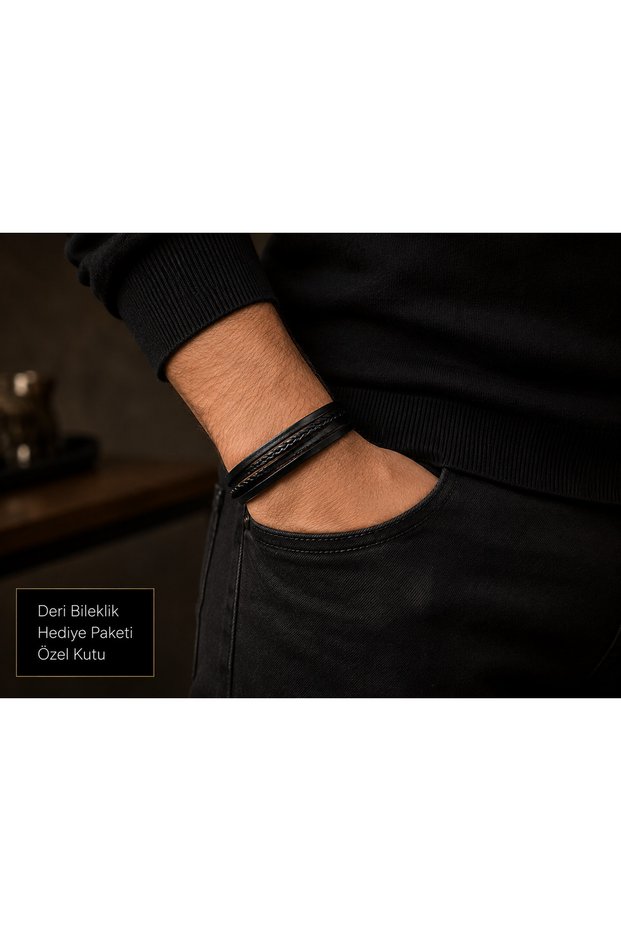 Altair Nero Line Men's Leather Bracelet – Multi-Layer Weave and Magnetic Steel Clasp