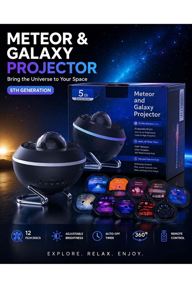 5th Generation Meteor & Galaxy Projector, Star Night Light with 12 Film Discs, Remote Control, 360° Rotation & Timer
