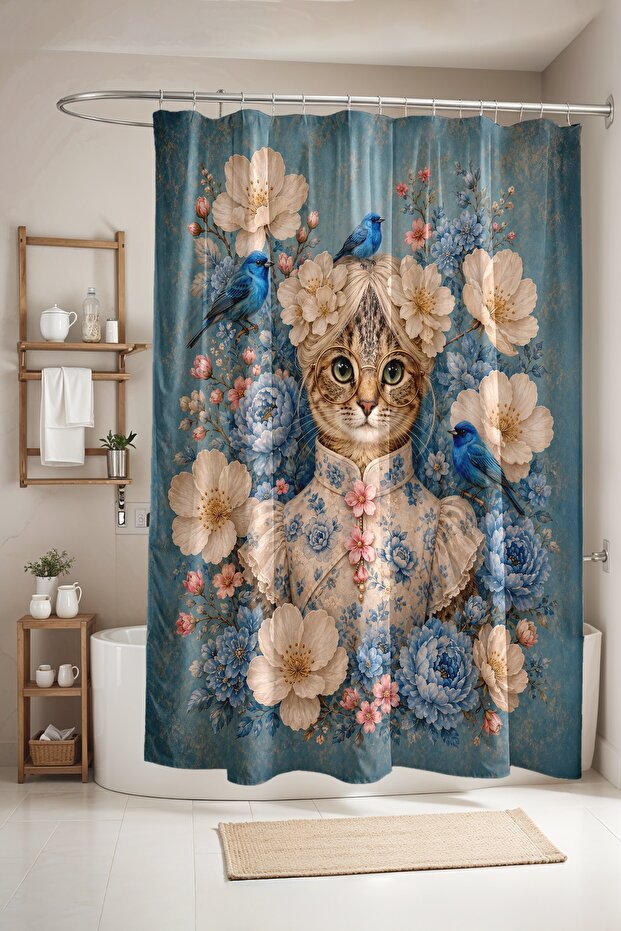 Bathroom Curtain, Cat with Glasses, Roses and Birds Patterned Shower Curtain, Bathtub Curtain 175X200Cm