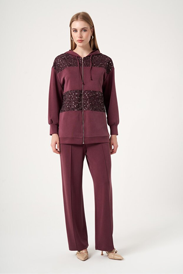 Women's Sequin Detailed Modal Suit Plum 31519