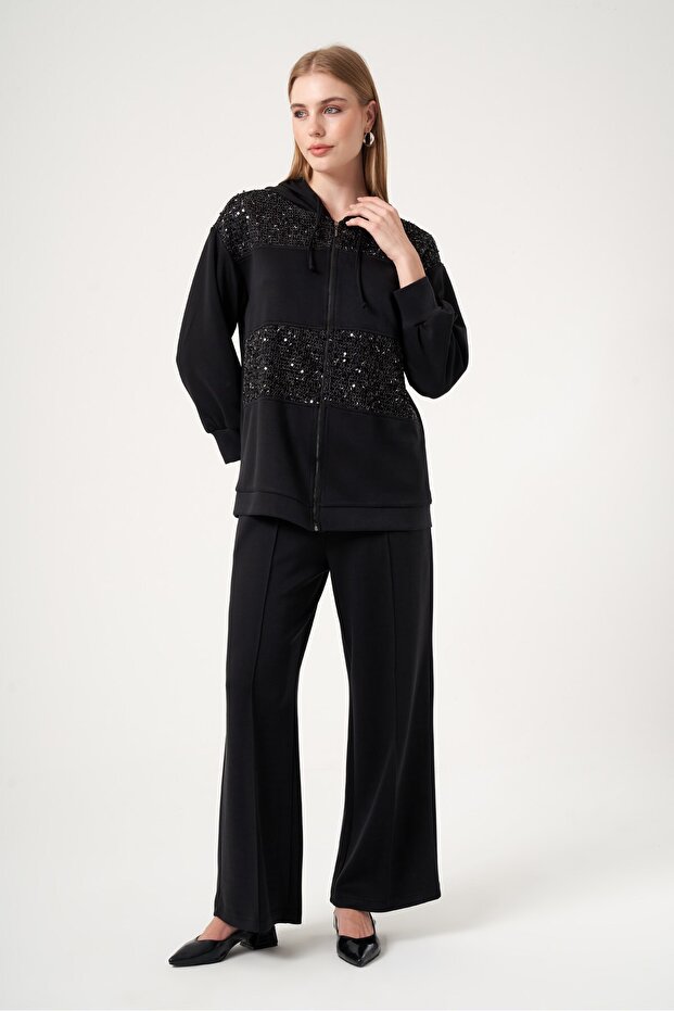 Women's Sequin Detailed Modal Set Black 31519