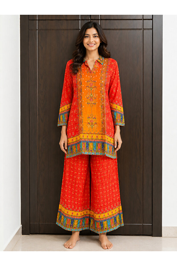 Women’s Orange Printed Chiffon Co-Ord Set | Long Tunic Top & Wide-Leg Pants | Ethnic Contemporary Wear