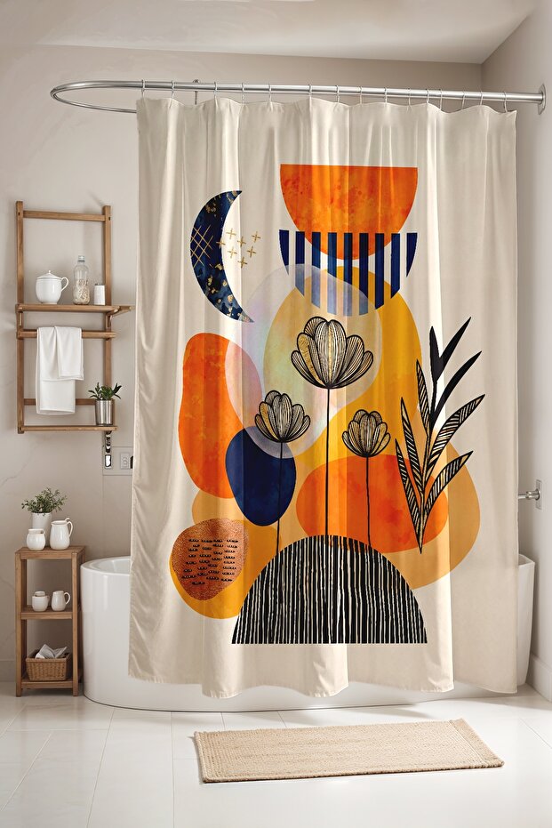 Bathroom Curtain, Abstract Orange Colors and Flowers Pattern Shower Curtain, Bathtub Curtain 175X200Cm