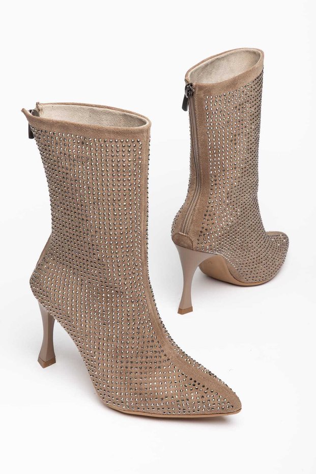 Women's Suede Stone Boots - Pointed Toe Stone Embellished Thin Heeled Back Zipper Boots