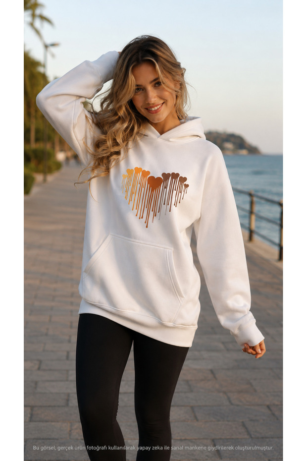 Women's Melting Hearts Printed Hooded Kangaroo Pocket Cotton Casual Sweatshirt