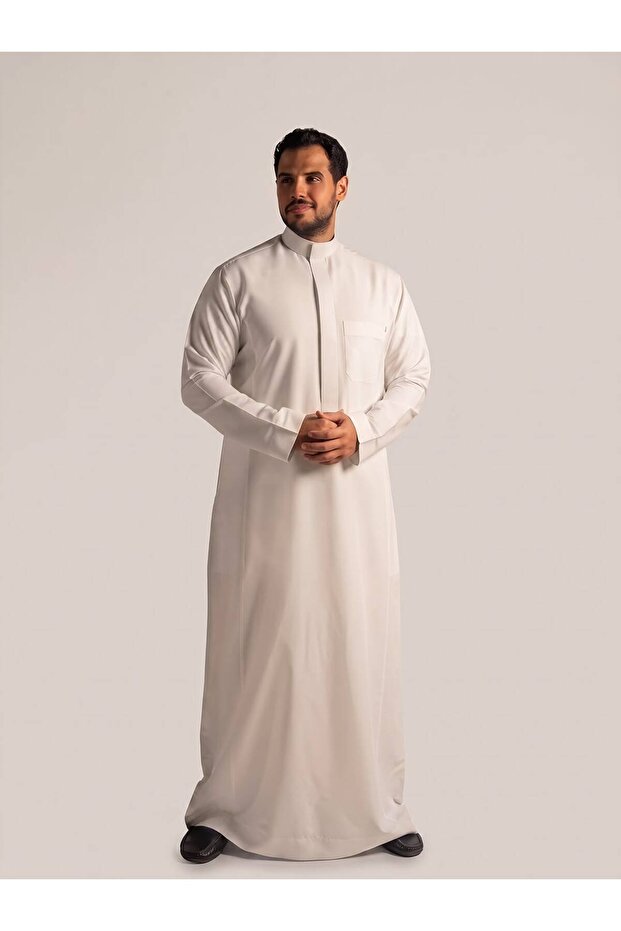 ثوب سميراميس نص وقفة - ياقة قلاب كم سادة كريمي - مقاس طول (58)