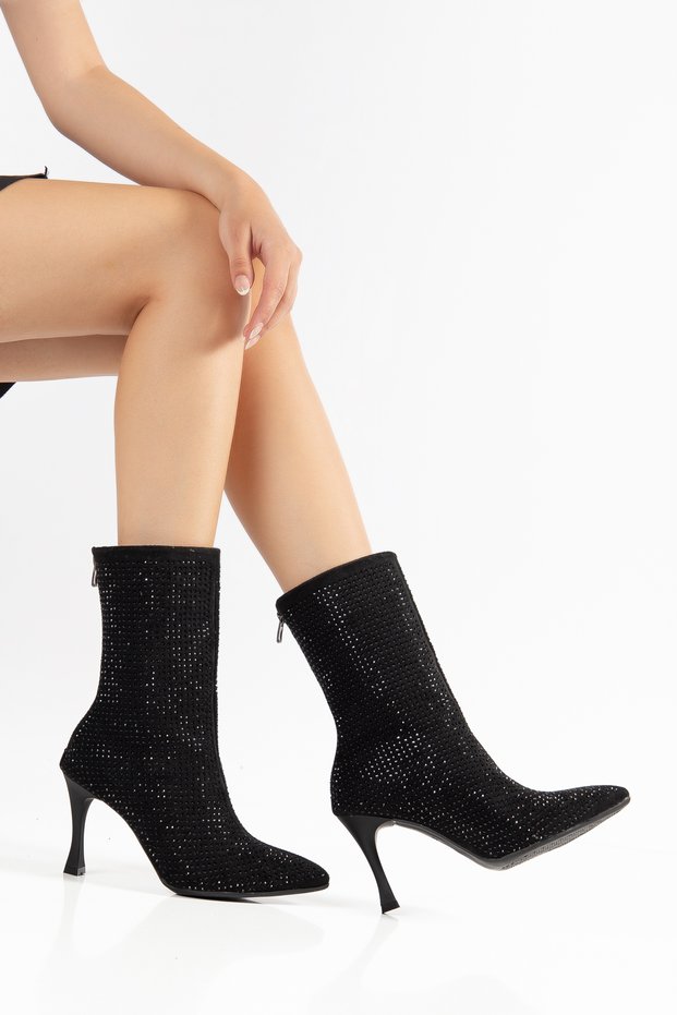 Women's Suede Stone Boots - Pointed Toe Stone Embellished Thin Heeled Back Zipper Boots