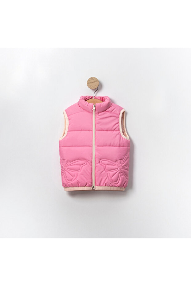 Monochrome Butterfly Patterned Embroidered Piping Detailed Girl's Vest